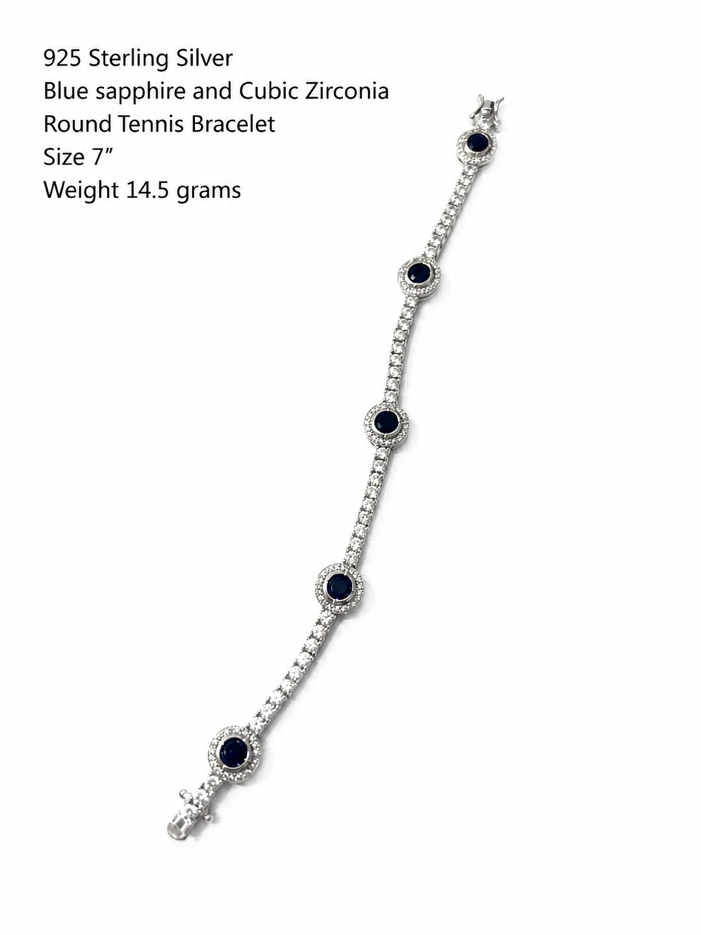 925 Sterling Silver Blue Sapphire wnd Cubic Zirconia Tennis Bracelet Size 7” - Picture 3 of 16